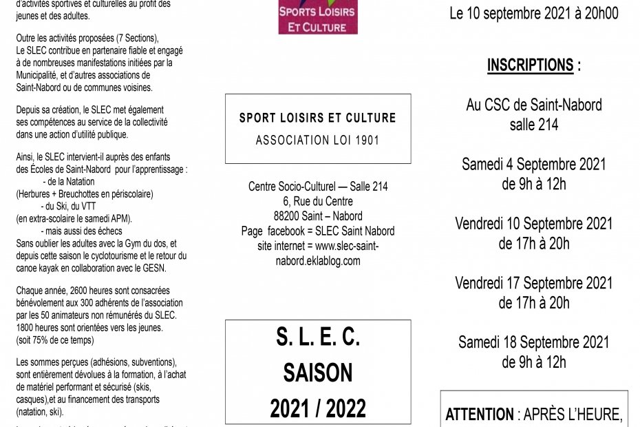 Association SLEC    Activités et Bulletin d'adhésion saison 2021/2022