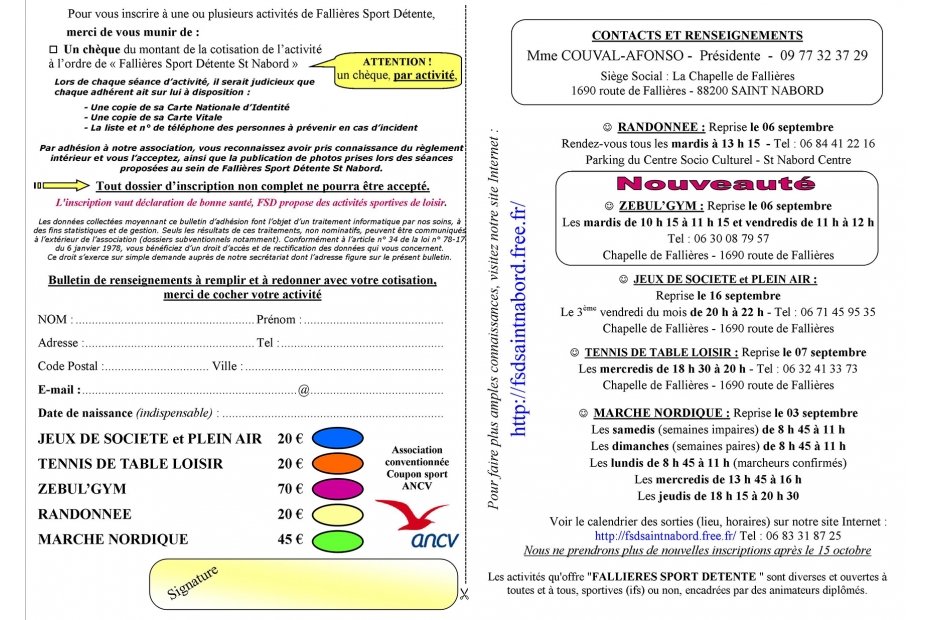Fallières Sport Détente Saint-Nabord  2022/23 Activités et formulaire d'inscription